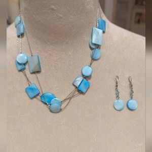 Turquoise Blue Colored and Silvertone Multi-Layer Necklace and Earring Set